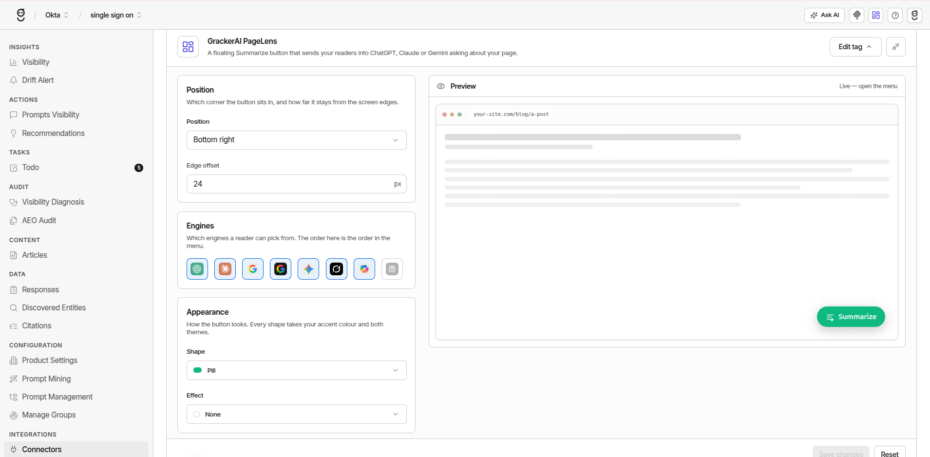 The GrackerAI PageLens configurator: position, engine and appearance controls on the left, live button preview on the right