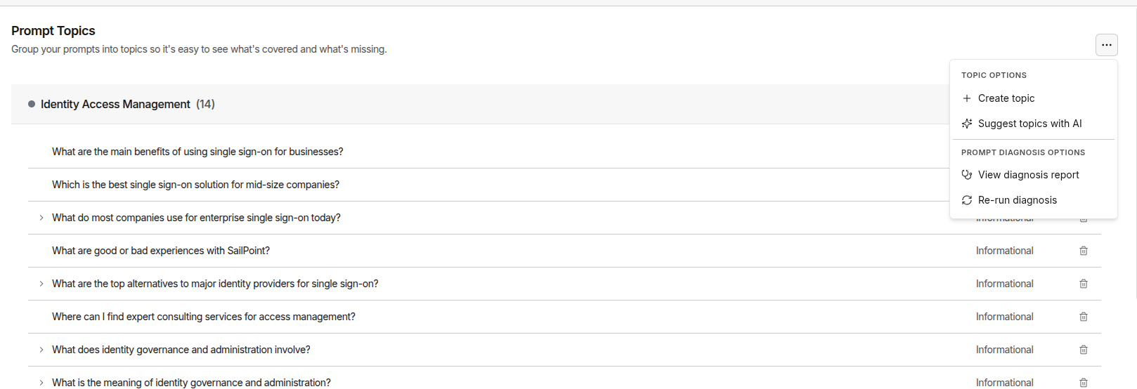 Prompt Diagnosis options in Prompt Management