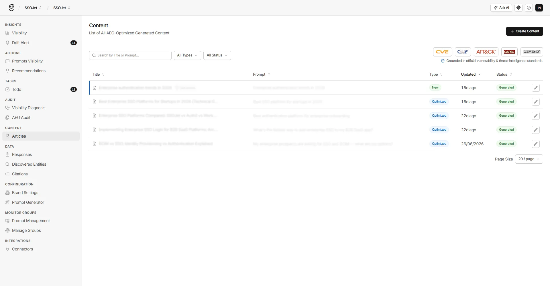 GrackerAI dashboard showing AEO and GEO citation tracking across ChatGPT, Perplexity, Claude, and Gemini