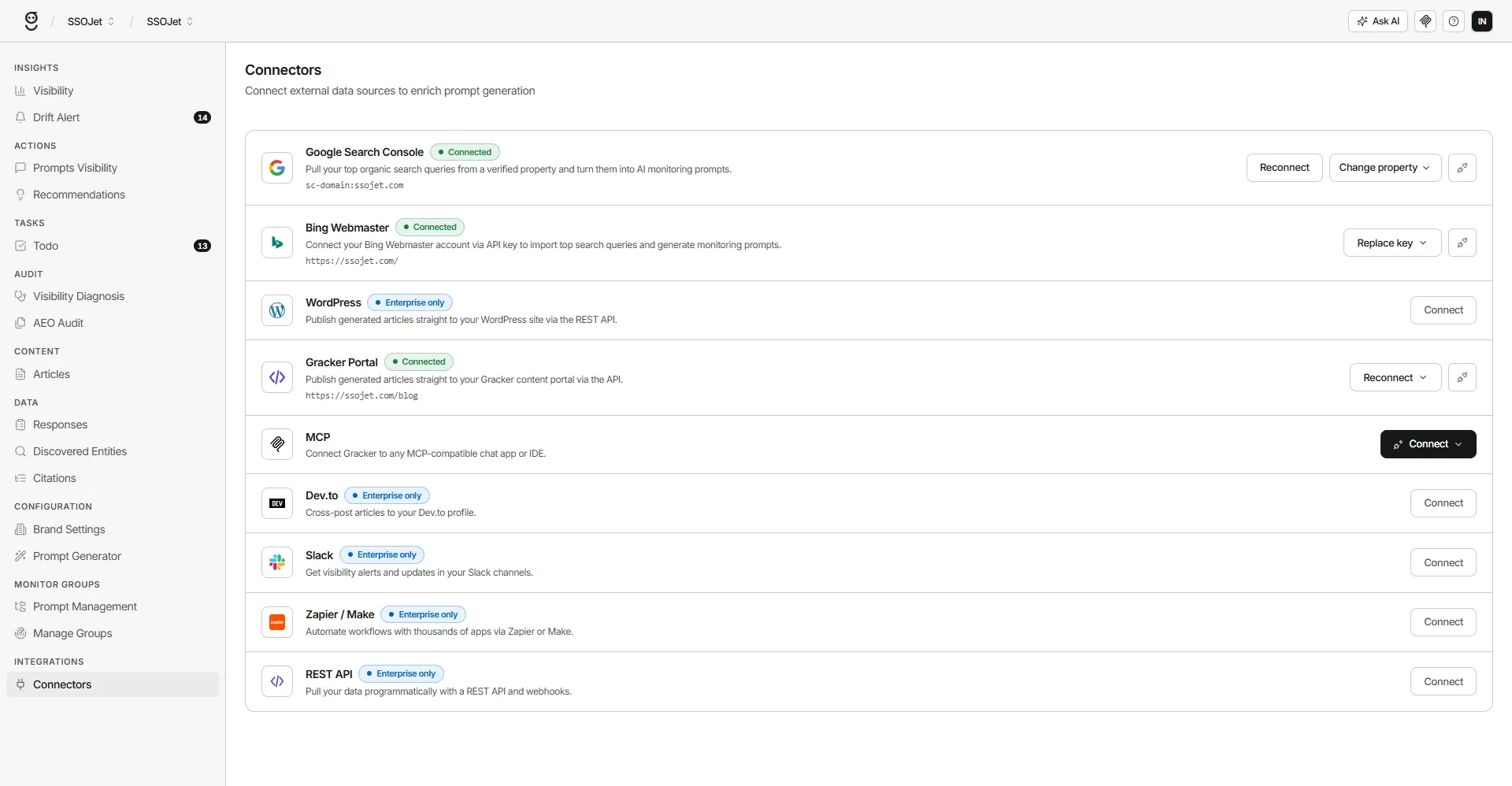 GrackerAI dashboard showing AEO and GEO citation tracking across ChatGPT, Perplexity, Claude, and Gemini