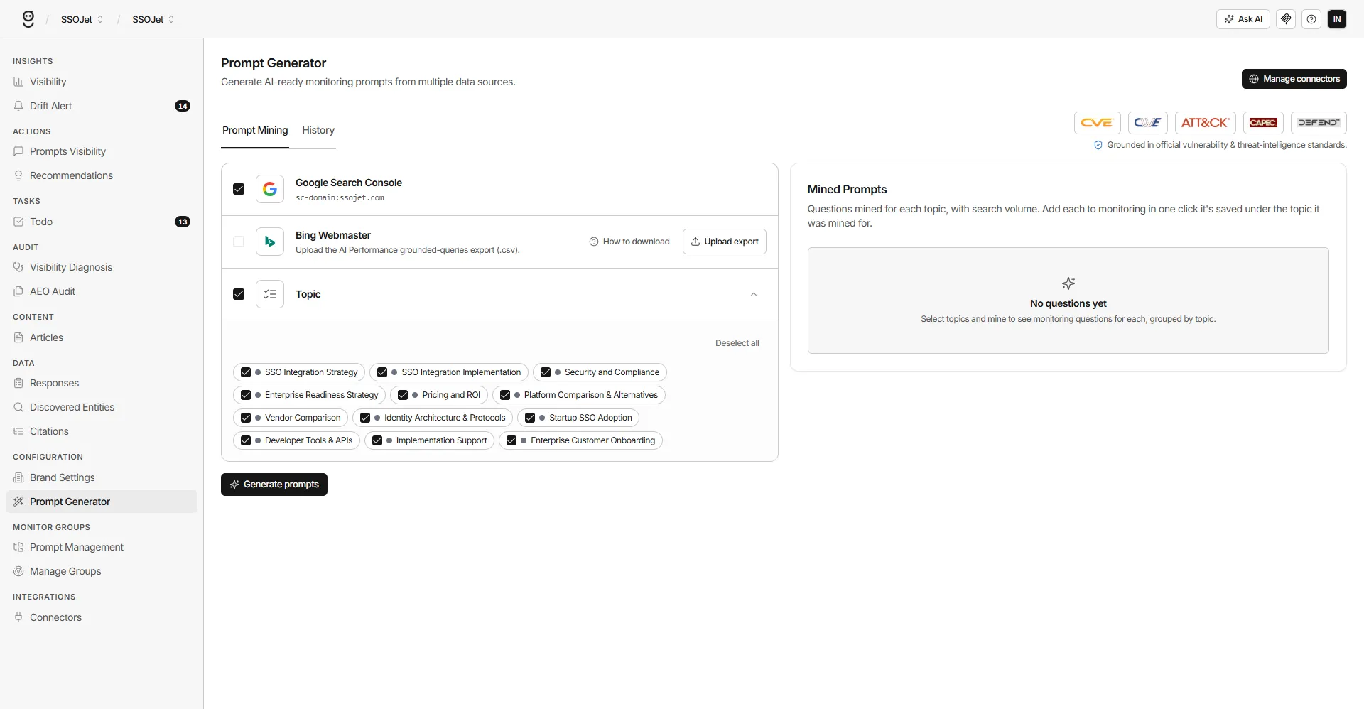 GrackerAI dashboard showing AEO and GEO citation tracking across ChatGPT, Perplexity, Claude, and Gemini